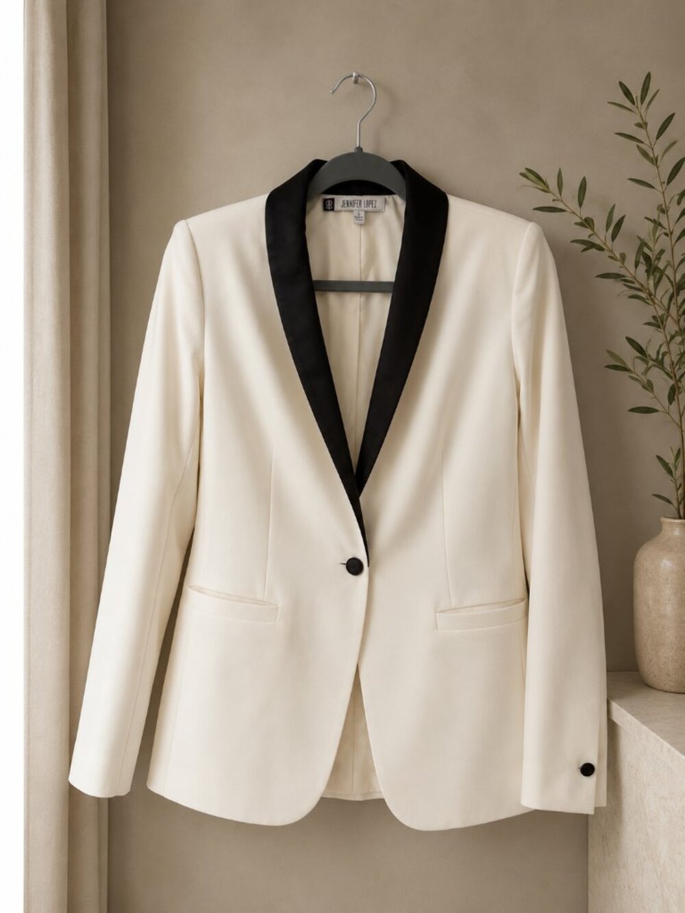 Jennifer Lopez White Blazer Jacket Black Satin Shawl Collar Size S Career Office
